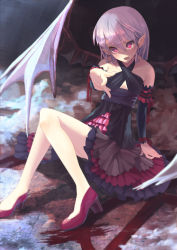 Rule 34 | 1girl, alternate costume, alternate hairstyle, bad id, bad pixiv id, bare shoulders, bat wings, dress, elbow gloves, female focus, foreshortening, gloves, high heels, no socks, on floor, open mouth, pointing, pointing forward, pointy ears, pumps, purple hair, red eyes, remilia scarlet, shoes, short hair, sitting, sleeveless, sleeveless dress, solo, straight hair, touhou, wings, yoo (tabi no shiori)
