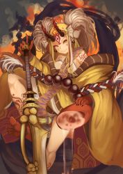 Rule 34 | 1girl, alcohol, beads, black nails, blonde hair, cup, fang, fang out, fate/grand order, fate (series), feathers, fingernails, forehead tattoo, hand on hilt, holding, holding sword, holding weapon, horns, ibaraki douji (fate), japanese clothes, kimono, long hair, long sleeves, looking at viewer, nail polish, off shoulder, oni horns, prayer beads, sakazuki, sake, sharp fingernails, sharp toenails, sitting, slit pupils, smile, solo, spilling, sword, tattoo, toenails, ton (artist), weapon, wide sleeves, yellow kimono
