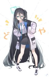 Rule 34 | 1girl, absurdly long hair, absurdres, aqua eyes, aris (blue archive), black hairband, blue archive, blue eyes, blue hair, blush, boots, dark blue hair, full body, hair between eyes, hairband, halo, highres, jacket, long hair, looking at viewer, necktie, school uniform, skirt, solo, tachibana shiori (suica 112), translation request, very long hair