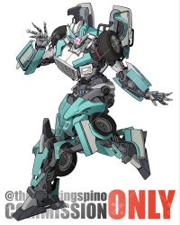 Rule 34 | 1girl, autobot, blue eyes, blue lips, commission, head tilt, highres, kamitoge supino, lifeline (transformers), looking at viewer, mecha, open hands, redesign, robot, running, smile, solo, transformers, twitter username, watermark, wheel, white background