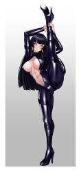 Rule 34 | 1girl, biker clothes, bikesuit, bodysuit, breasts, center opening, closed mouth, commentary request, dead or alive, full body, gradient background, grey background, hair tubes, high heels, highres, large breasts, latex, latex bodysuit, leg up, light smile, long hair, looking at viewer, nyotengu, purple eyes, skin tight, smile, solo, split, standing, standing on one leg, standing split, volyz