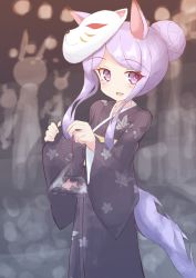 Rule 34 | 1girl, :d, absurdres, animal, animal ears, bag, bagged fish, black kimono, commentary request, fish, fox mask, goldfish, hair bun, highres, holding, horse ears, horse girl, horse tail, ichi (ichi.colors), japanese clothes, kimono, leaf print, long hair, long sleeves, looking at viewer, mask, mask on head, mejiro mcqueen (umamusume), obi, open mouth, pinching sleeves, print kimono, purple eyes, purple hair, sash, single hair bun, sleeves past wrists, smile, solo, swept bangs, tail, umamusume, very long hair, water, wide sleeves