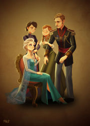 Rule 34 | 1boy, 3girls, absurdres, agdar (frozen), anna (frozen), blonde hair, blue eyes, blush, braid, brown eyes, brown hair, cape, dress, elsa (frozen), epaulettes, closed eyes, family, father and daughter, freckles, frozen (disney), hair over shoulder, high heels, highres, idunn (frozen), king, king of arendelle, long hair, medal, miacat, mother and daughter, multiple girls, princess, queen, queen idun (frozen), queen of arendelle, see-through, sequins, short hair, siblings, side slit, sideburns, single braid, sisters, smile, strapless, strapless dress, tiara, time paradox, twin braids