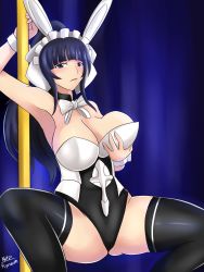 Rule 34 | 1girl, amankris2011, animal ears, armpits, artist name, black thighhighs, blue hair, bow, bowtie, breast lift, breasts, cleavage, detached collar, fake animal ears, high ponytail, highres, indoors, large breasts, leotard, long hair, looking at viewer, maid, maid headdress, narberal gamma, overlord (maruyama), playboy bunny, pole, pole dancing, ponytail, rabbit ears, solo, spread legs, squatting, stripper pole, thighhighs, wrist cuffs
