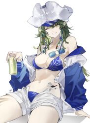 Rule 34 | 1girl, arknights, artist name, bikini, blue-tinted eyewear, blue bikini, breasts, can, gavial (arknights), gavial the invincible (arknights), gavial the invincible (holiday) (arknights), green hair, grey shorts, hat, highres, holding, holding can, hyun1136297, jacket, large breasts, long hair, long sleeves, looking at viewer, material growth, navel, octagonal eyewear, official alternate costume, one eye closed, open clothes, open fly, open jacket, open shorts, oripathy lesion (arknights), pointy ears, short shorts, shorts, simple background, smile, solo, sunglasses, swimsuit, tinted eyewear, tricorne, unbuttoned, white background, white hat, yellow eyes