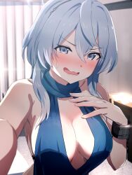 Rule 34 | 1girl, ako (blue archive), ako (dress) (blue archive), armpits, bare shoulders, blue archive, blue dress, blue eyes, blue hair, blush, breasts, cuffs, dress, evening gown, halo, highres, indoors, large breasts, looking at viewer, misaki nonaka, nose blush, official alternate costume, plunging neckline, selfie, shackles, sideless outfit, solo, sweat, sweatdrop, upper body, wavy mouth