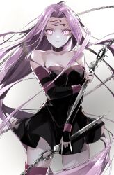Rule 34 | 1girl, bare shoulders, black dress, black thighhighs, breasts, chain, cleavage, collar, detached sleeves, dress, facial mark, fate/stay night, fate (series), forehead, forehead mark, glowing, glowing eyes, highres, kino kokko, large breasts, long hair, looking at viewer, medusa (fate), medusa (rider) (fate), nameless dagger (fate), parted bangs, purple eyes, purple hair, short dress, sidelocks, solo, thighhighs, thighs, very long hair, weapon