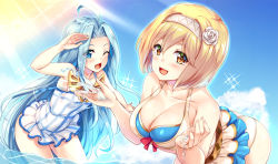 Rule 34 | 10s, 2girls, :d, ;d, ahoge, blonde hair, blue eyes, blue hair, blue sky, blush, breasts, brown eyes, cleavage, collarbone, cowboy shot, day, djeeta (granblue fantasy), djeeta (summer) (granblue fantasy), frilled swimsuit, frills, granblue fantasy, hairband, hinata sora, large breasts, leaning forward, long hair, looking at viewer, lyria (granblue fantasy), multiple girls, one-piece swimsuit, one eye closed, open mouth, partially submerged, short hair, sky, smile, sparkle, sunlight, swimsuit, very long hair