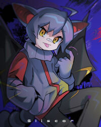 Rule 34 | 1girl, ahoge, bandaid, bandaid on face, bandaid on nose, beckoning, black pants, black tail, black wings, character name, closed mouth, creatures (company), eyes visible through hair, game freak, gen 4 pokemon, gliscor, gloves, hand in pocket, hand up, highres, long sleeves, morizo (morizoshop), nintendo, pants, personification, pokemon, pokemon ears, pokemon tail, pokemon wings, purple gloves, purple hair, raised eyebrow, short hair, smile, solo, tail, tongue, tongue out, wings, yellow eyes