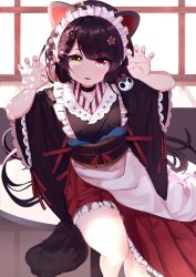 Rule 34 | 1girl, absurdres, animal ears, apron, backlighting, black collar, black hair, black kimono, blush, brown eyes, brown flower, claw pose, collar, commentary request, day, dog ears, dog girl, dog hair ornament, dog tail, fang, flower, frilled apron, frilled skirt, frills, hair flower, hair ornament, hands up, heterochromia, highres, inui toko, japanese clothes, kimono, long hair, looking at viewer, low twintails, maid, maid headdress, nijisanji, obi, parted lips, pleated skirt, red eyes, red skirt, sash, short sleeves, skirt, solo, sunlight, tail, trap (drthumt), twintails, very long hair, virtual youtuber, wa maid, white apron, wide sleeves, window
