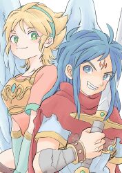 Rule 34 | 1boy, 1girl, absurdres, angel wings, armor, blonde hair, blue hair, breath of fire, breath of fire i, closed mouth, damegamega, elbow gloves, facial mark, feathered wings, forehead mark, gloves, green eyes, highres, leotard, looking at viewer, nina (breath of fire i), red leotard, ryuu (breath of fire i), short hair, simple background, smile, sword, weapon, white background, white wings, wings