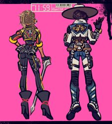 Rule 34 | 1boy, 1girl, aces high seer, apex legends, artist name, barcode, black footwear, black gloves, black jacket, black pants, boots, braid, breaking the law loba, brown hair, cane, fingerless gloves, from behind, gloves, high heel boots, high heels, highres, jacket, letterboxed, loba (apex legends), official alternate costume, pants, pink background, pm11:19, ponytail, seer (apex legends), side braid, twitter username, white footwear, white headwear, white jacket, white pants