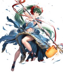Rule 34 | 1girl, breasts, cleavage, clenched teeth, cuboon, earrings, feet, female focus, fire emblem, fire emblem: the blazing blade, fire emblem heroes, full body, fur trim, green eyes, green hair, highres, holding, holding polearm, holding weapon, japanese clothes, jewelry, lantern, large breasts, lips, long hair, looking away, lyn (fire emblem), mask, mask on head, matching hair/eyes, navel, nintendo, non-web source, official art, paper lantern, parted lips, polearm, ponytail, rope, sarashi, smile, solo, spear, stomach, teeth, thighs, toes, torn clothes, transparent background, vambraces, weapon
