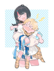 Rule 34 | &gt; &lt;, 1boy, 1girl, angry, black hair, blonde hair, blush, carrying, carrying person, child, clenched hands, closed eyes, detached sleeves, fate/grand order, fate (series), highres, long hair, long sleeves, magatama hair ornament, oneroom-disco, open mouth, scarf, short hair, short sleeves, tantrum, utsumi erice, voyager (fate), white tunic, yellow footwear, yellow scarf
