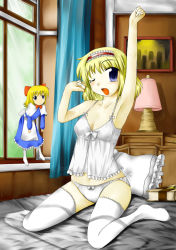 Rule 34 | 1girl, alice margatroid, bad anatomy, bad id, bad pixiv id, bed, blonde hair, blue eyes, blush, bow, bow panties, bowtie, camisole, female focus, frills, inuinui, lace, lace-trimmed legwear, lace trim, moguran, one eye closed, panties, pillow, poorly drawn, shanghai doll, short hair, sitting, solo, stretching, tears, thighhighs, touhou, underwear, underwear only, waking up, white panties, white thighhighs, wink