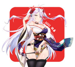 1girl, 2021, absurdres, antenna hair, azur lane, bare shoulders, black legwear, black panties, breasts, cross choker, fur-trimmed kimono, fur trim, heart, highres, iron cross, japanese clothes, kimono, large breasts, light purple hair, long hair, looking at viewer, minimad3, multicolored, multicolored clothes, multicolored hair, multicolored kimono, obijime, off shoulder, panties, prinz eugen (azur lane), prinz eugen (dance of a hundred flowers) (azur lane), red hair, side-tie panties, sideboob, simple background, solo, streaked hair, thighhighs, twintails, two-tone hair, underwear, wide sleeves, yellow eyes