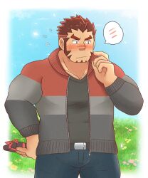 Rule 34 | 1boy, akashi (live a hero), alternate costume, averting eyes, bara, box, facial hair, finger to cheek, flying sweatdrops, genki (gen2 genki), gift, gift box, goatee, highres, holding, holding behind back, jacket, live a hero, long sideburns, male focus, muscular, muscular male, nervous, open clothes, open jacket, pectorals, red eyes, red hair, scar, scar on face, scar on nose, short hair, sideburns, solo, spoken blush, thick eyebrows