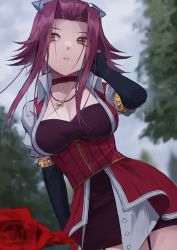 Rule 34 | 1girl, black gloves, black skirt, blurry, blurry background, breasts, brown eyes, choker, cleavage, collarbone, contrapposto, elbow gloves, fagi (kakikaki), floating hair, flower, gloves, hair intakes, hair ornament, hairpin, hand in own hair, izayoi aki, jewelry, long hair, medium breasts, miniskirt, parted lips, pencil skirt, pendant, red choker, red flower, red hair, red rose, rose, sidelocks, skirt, solo, underbust, yu-gi-oh!, yu-gi-oh! 5d&#039;s
