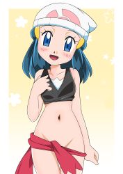 Rule 34 | 1girl, beanie, blue eyes, blue hair, blush, breasts, creatures (company), dawn (pokemon), game freak, groin, hainchu, hair ornament, hat, highres, long hair, looking at viewer, navel, nintendo, open mouth, pokemon, pokemon (anime), pokemon dppt (anime), simple background, smile, solo