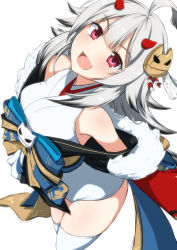 Rule 34 | 1girl, :d, ahoge, azur lane, commentary request, grey hair, hair ornament, hibiki (azur lane), hibiki (new year&#039;s little imp) (azur lane), highres, horns, japanese clothes, koutarou (plusdrive), looking at viewer, open mouth, red eyes, red horns, simple background, smile, solo, thighhighs, white background, white thighhighs