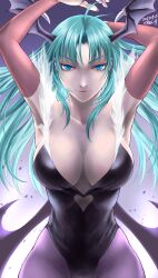 Rule 34 | black leotard, blue eyes, breasts, cleavage, clothing cutout, cutout above navel, darkstalkers, demon girl, demon wings, head wings, heart cutout, highleg, highleg leotard, highres, hoshinagi 2723, large breasts, leotard, morrigan aensland, multiple wings, pantyhose, purple pantyhose, wings