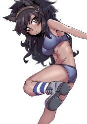 Rule 34 | 1girl, :/, absurdres, animal ear fluff, animal ears, arm at side, ass, bare arms, bare legs, bare shoulders, black hair, breasts, bridle, brown eyes, brown hair, brown thoroughbred (kemono friends), buruma, closed mouth, covered erect nipples, dark-skinned female, dark skin, eyes visible through hair, flat ass, foot up, highres, horse ears, japan racing association, kemono friends, leaning forward, long hair, looking at viewer, medium breasts, midriff, multicolored hair, no tail, outstretched arm, shoes, simple background, socks, solo, sports bikini, sports bra, sportswear, stomach, striped clothes, striped socks, takoongyi, two-tone hair, very long hair, white background