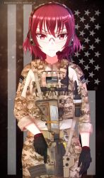 Rule 34 | 1girl, assault rifle, bad id, bad pixiv id, camouflage, desert camouflage, eotech, glasses, gloves, gun, headset, highres, m4 carbine, mikhail n, military, military uniform, mole, mole under eye, original, purple hair, red eyes, rifle, short hair, solo, uniform, united states, united states navy, weapon