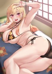 Rule 34 | 1girl, arm up, armpits, ass, bead bracelet, beads, bikini, black bikini, black choker, blonde hair, blush, bracelet, breasts, choker, commentary, english commentary, floral print, highres, indoors, jewelry, kitagawa marin, large breasts, long hair, looking at viewer, lying, moisture (chichi), navel, on side, open mouth, pink eyes, print bikini, ring, smile, solo, sono bisque doll wa koi wo suru, swimsuit, thighs, window