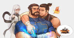 Rule 34 | 1girl, 2boys, :3, bandages, bara, beads, beard, beard stubble, black tank top, blue fire, blue shirt, blush, character request, cheek-to-cheek, draconid (dungeon and fighter), dungeon and fighter, exorcist (dungeon and fighter), facial hair, feeling facial hair, feeling muscles, fire, fujoshi, hand on another&#039;s chest, heads together, implied erection, justice (dungeon and fighter), male focus, male priest (dungeon and fighter), mature male, monk (dungeon and fighter), multicolored hair, multiple boys, muscular, muscular male, mustache, ponytail, priest (dungeon and fighter), rosary, sdz (inazuma), shirt, sideways glance, smile, streaked hair, stubble, talisman, tank top, tight clothes, tight shirt, white hair, yaoi