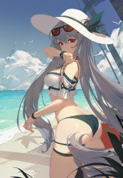 Rule 34 | 1girl, absurdres, arknights, ass, bare shoulders, beach, bikini, blue bikini, breasts, butt crack, chinese commentary, commentary, cowboy shot, day, eyewear on head, from behind, hair between eyes, hand up, hat, hat ribbon, highres, lance (lancelliu), long hair, looking at viewer, off-shoulder shirt, off shoulder, official alternate costume, outdoors, red eyes, ribbon, shirt, silver hair, skadi (arknights), skadi (waverider) (arknights), small breasts, solo, standing, sunglasses, swimsuit, thigh strap, thighs, very long hair, white hat, white shirt