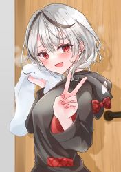 Rule 34 | 1girl, absurdres, blush, bow, breasts, commentary, door, ear piercing, fangs, grey hair, grey sweater, hair between eyes, highres, hololive, hood, hoodie, large breasts, long sleeves, looking at viewer, medium hair, multicolored hair, nail polish, null maru, open mouth, peace symbol, piercing, red bow, red eyes, sakamata chloe, smile, solo, steam, sweater, towel, virtual youtuber, wet