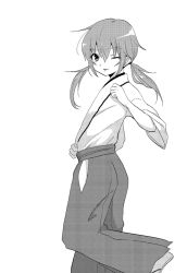 Rule 34 | 1boy, bad id, bad pixiv id, greyscale, inazuma eleven (series), inazuma eleven go, japanese clothes, kirino ranmaru, looking at viewer, male focus, monochrome, one eye closed, riyu (yulevy), simple background, solo, twintails, white background, wink