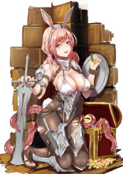 Rule 34 | 1girl, animal ears, armor, bare shoulders, belt, belt buckle, belt pouch, bikini armor, bodysuit, breasts, buckle, buckler, chain, cleavage, coin, dagger, fake animal ears, fake tail, feet, gem, gold, gold chain, gold coin, gorget, greatsword, green gemstone, headband, heels, highres, kneeling, knife, large breasts, leotard, looking at viewer, low twintails, octopus, open mouth, original, pantyhose, pink hair, planted, planted sword, planted weapon, playboy bunny, pouch, rabbit ears, rabbit tail, red eyes, sandals, sheath, sheathed, shield, shin guards, shoulder armor, smile, solo, stirrup legwear, strap, suction cups, sword, tail, tentacles, thigh sheath, toeless legwear, toes, torn clothes, torn legwear, torn pantyhose, treasure, treasure chest, twintails, weapon, yilan un