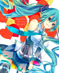 Rule 34 | 10s, 1girl, 2013, aqua hair, balloon, character name, dated, detached sleeves, floating hair, grin, happy birthday, hatsune miku, heart balloon, highres, long hair, necktie, see-through, skirt, smile, solo, thighhighs, togashi (choco-bakama kitchen), twintails, very long hair, vocaloid, white background