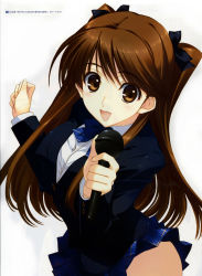 Rule 34 | 10s, 1girl, absurdres, blazer, brown eyes, brown hair, hair ribbon, highres, jacket, looking at viewer, looking up, microphone, nakamura takeshi, non-web source, ogiso setsuna, open mouth, pleated skirt, ribbon, school uniform, simple background, skirt, smile, solo, white album (series), white album 2