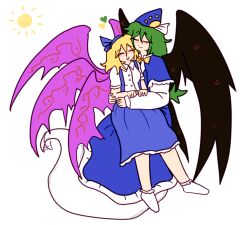 Rule 34 | 2girls, alice margatroid, alice margatroid (pc-98), blonde hair, blue dress, blue headwear, blush, carrying, closed eyes, dress, green hair, heart, highres, hug, long sleeves, mima (touhou), multiple girls, simple background, smile, sun, touhou, touhou (pc-98), user wgkl2284, white background, wings