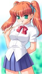 Rule 34 | 1girl, bow, bowtie, breasts, food, green eyes, hair between eyes, hair ornament, hair ribbon, ice cream, licking, looking at viewer, orange hair, popsicle, ribbon, school uniform, short sleeves, skirt, small breasts, smile, solo, tanuki gakuen, tongue, twintails