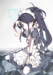 Rule 34 | 1girl, absurdres, alternate costume, apron, aris (blue archive), aris (maid) (blue archive), bandaid, bandaid on face, bandaid on forehead, black dress, black footwear, blue archive, blue eyes, blush, closed mouth, dress, enmaided, frilled apron, frills, halo, highres, long hair, looking at viewer, maid, maid apron, maid headdress, mary janes, naretsuro, official alternate costume, pantyhose, parted bangs, ponytail, shiny floor, shoes, short sleeves, sitting, solo, tile floor, tiles, very long hair, wavy mouth, white apron, white pantyhose, wrist cuffs, yokozuwari