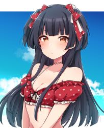 Rule 34 | 1girl, absurdres, bare shoulders, bikini, black hair, blue sky, blush, bow, breasts, brown eyes, chiji komari, cleavage, closed mouth, cloud, cloudy sky, collarbone, commentary request, day, frilled bikini, frills, hair bow, heart, heart print, highres, idolmaster, idolmaster shiny colors, long hair, looking at viewer, mayuzumi fuyuko, pink bikini, print bow, puffy short sleeves, puffy sleeves, red bikini, red bow, short sleeves, sky, small breasts, solo, swimsuit, two side up, upper body, very long hair