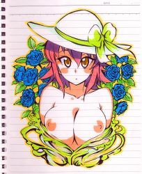Rule 34 | 1girl, bad id, bad twitter id, bare shoulders, blush stickers, breasts, breasts out, collarbone, flower, hat, highres, kusanagi tonbo, looking at viewer, nipples, original, red hair, solo, sun hat, upper body, yellow eyes