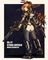Rule 34 | 1girl, ass, breasts, brown eyes, character name, damaged, diaclone, dual wielding, gun, highres, holding, holding gun, holding weapon, looking back, mecha musume, medium breasts, moyan, orange hair, personification, procreate (medium), science fiction, solo, strike buffalo, thighhighs, weapon