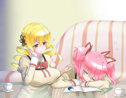 Rule 34 | 10s, 2girls, alternate breast size, blonde hair, blush, breast press, breasts, closed eyes, drill hair, drooling, glass table, hair ornament, hairpin, huge breasts, kaname madoka, mahou shoujo madoka magica, mahou shoujo madoka magica (anime), mizuumi (bb), multiple girls, open mouth, pink hair, puffy sleeves, school uniform, short hair, short twintails, sleeping, table, tomoe mami, twin drills, twintails, yellow eyes