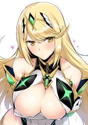 Rule 34 | 1girl, absurdres, armor, bare shoulders, blonde hair, blush, breast hold, breasts, cleavage, cleavage cutout, closed mouth, clothing cutout, collarbone, dress, elbow gloves, gloves, halcon, heart, highres, large breasts, long hair, looking at viewer, mythra (xenoblade), nintendo, simple background, solo, swept bangs, tiara, white background, white dress, white gloves, xenoblade chronicles (series), xenoblade chronicles 2, yellow eyes