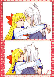 Rule 34 | 1boy, 1girl, 2koma, aino minako, animal ears, arms around neck, artemis (sailor moon), artemis (sailor moon) (human), bishoujo senshi sailor moon, bishoujo senshi sailor moon stars, blonde hair, blue sailor collar, blush, cat ears, closed eyes, comic, couple, crossover, earrings, face-to-face, fox ears, french kiss, green eyes, hair ribbon, half updo, hetero, highres, hug, japanese clothes, jewelry, kiss, lisginka, long hair, long sleeves, looking at another, open mouth, personification, puckered lips, red ribbon, ribbon, sailor collar, school uniform, serafuku, signature, white hair