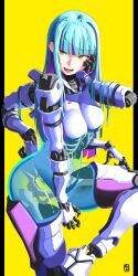 Rule 34 | automatic giraffe, blue hair, cyborg, emmy (automatic giraffe), extra arms, fang, highres, long hair, looking at viewer, monster girl, original, skeleton, slime girl, yellow eyes