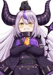 Rule 34 | 1girl, absurdres, animal, animal on head, ascot, belt, bird, bird on head, black coat, black horns, braid, braided bangs, coat, collar, crossed arms, crow (la+ darknesss), demon girl, demon horns, grey hair, highres, hololive, holox, horns, kenichiart, la+ darknesss, la+ darknesss (1st costume), long hair, long sleeves, looking at viewer, metal collar, multicolored hair, on head, purple hair, purple horns, simple background, sleeves past fingers, sleeves past wrists, smile, solo, streaked hair, striped horns, very long hair, virtual youtuber, white background, yellow ascot, yellow eyes