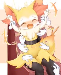 Rule 34 | +++, 1girl, ^ ^, absurdres, animal ear fluff, animal ears, arm grab, arms up, black fur, blush, body fur, braixen, closed eyes, creatures (company), disembodied hand, female focus, flat chest, fox ears, fox girl, fox tail, furry, furry female, game freak, gen 6 pokemon, groin, highres, laughing, motion lines, multicolored fur, navel, neck fur, nintendo, nose blush, open mouth, pokemon, pokemon (creature), raised eyebrows, restrained, shiloha, sitting, smile, solo, stationary restraints, stomach, sweat, tail, tears, ticking, tongue, trembling, white fur, yellow fur