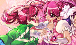 Rule 34 | 10s, 2-nd, 2girls, aino megumi, cure lovely, dual persona, earrings, eye contact, hair ornament, holding hands, happinesscharge precure!, heart, heart hair ornament, jacket, jewelry, long hair, looking at another, magical girl, multiple girls, pink background, pink eyes, pink hair, pink skirt, ponytail, precure, puffy sleeves, short hair, skirt, smile, thighhighs, white legwear, wrist cuffs