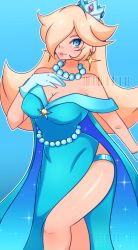 Rule 34 | 1girl, blonde hair, blue dress, blue eyes, breasts, cleavage, collar, cresscin, crown, dress, earrings, gloves, hand on own chest, highres, jewelry, long hair, mario (series), nintendo, rosalina, smile, solo, super mario galaxy, white gloves