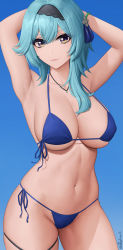 Rule 34 | 1girl, absurdres, armpits, arms up, asymmetrical hair, bare shoulders, bikini, blue background, blue eyes, blue hair, bracelet, breasts, cleavage, collarbone, cowboy shot, eula (genshin impact), eyes visible through hair, genshin impact, hair between eyes, hair ornament, hairband, highres, jewelry, large breasts, long hair, navel, necklace, side-tie bikini bottom, simple background, skindentation, smile, solo, stomach, swimsuit, thighs, twitter username, zaphn